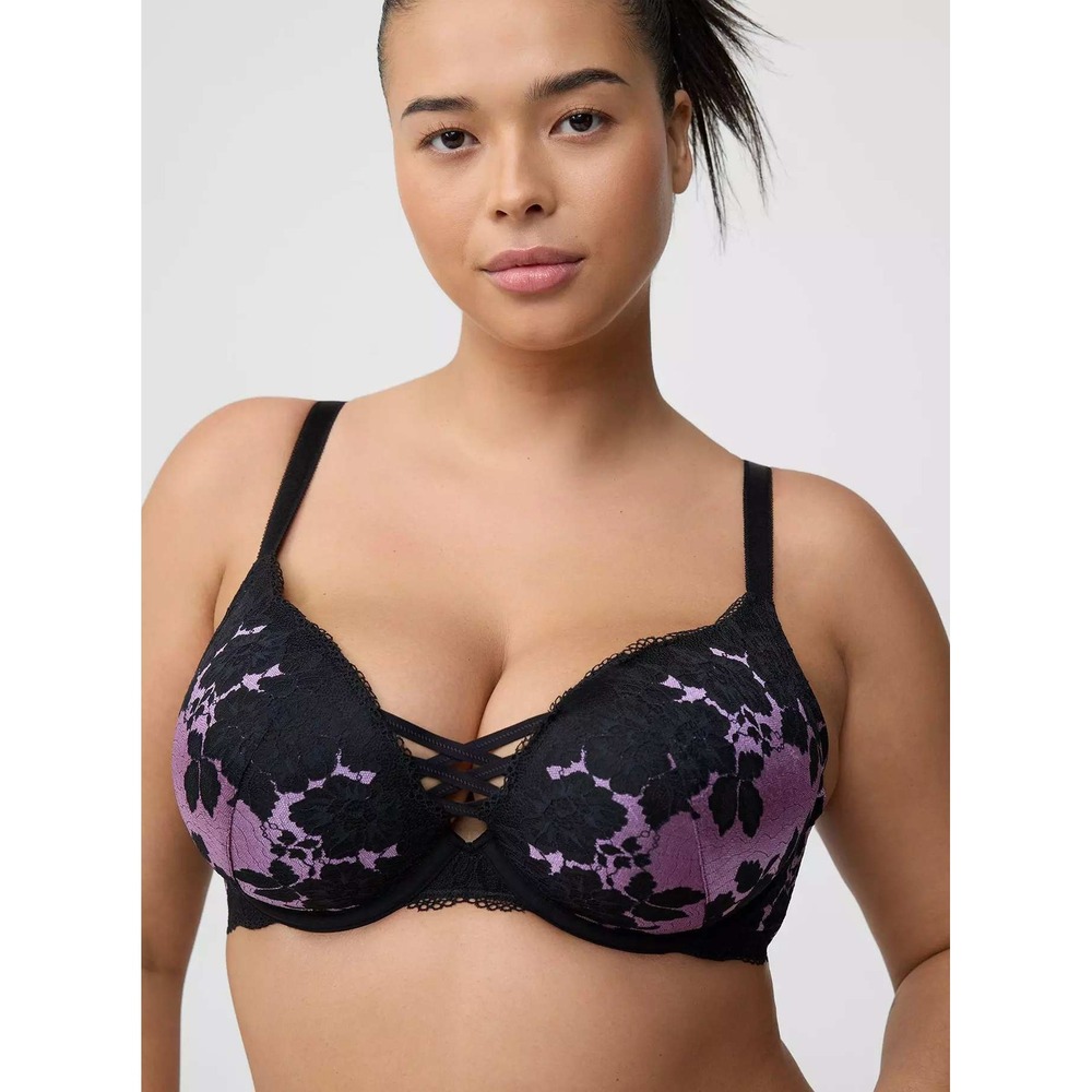 Torrid XO Plunge Push-Up Bra 40DD Lacy Lilac Black Purple NEW African Violet